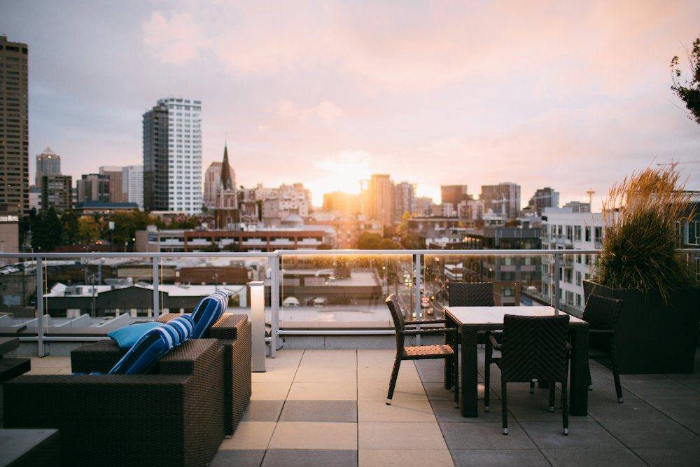 Rooftop seating at sunset